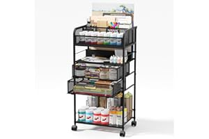 Homsorout 3 Tier Rolling Cart - Metal Utility Cart with Storage Drawer and Wheels, Versatile Art & Craft Organizer for Home, Office, or Studio - Ideal for Storing Brushes, Paints, and Supplies（Black）