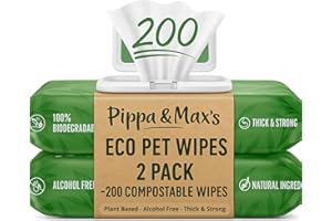 200 Compostable Dog & Cat Wipes – Pippa & Max Eco Pet Wipes, Plant-Based & Plastic-Free – Extra-Large 8x8, Fragrance-Free & Gentle, Alcohol-Free, Dermatologist Tested Cleaning for Paws & Fur