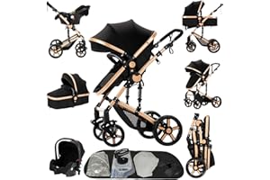 Prokoke Carrito Bebe 3 en 1, Carro Bebe 3 Piezas con Empuje Reversible de Dos Vías, Cochecito Tres Piezas con Estructura de Aleación Aluminio, Coche Tres en 1 Recién Nacidos (black gold 588)
