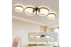 ‎GBLY GBLY LED Deckenlampe Dimmbar Deckenleuchte: 4 Flammig Modern Wohnzimmerlampe 55W Ring Rund Schwarz Schlafzimmerlampe mit Fernbedienung 88cm Design Bürolampe für Schlafzimmer Wohnzimmer Büro Küche