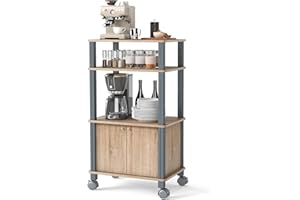 GIANTEX Carrello a rotelle a microonde, carrello da cucina a microonde, con 4 ruote e 2 freni, ripiano portaoggetti a 3 livelli e armadio ante,60 x 40 x 98 cm (Naturale)