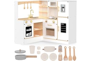 Mamabrum Cucina Angolare in Legno per Bambini – XXXL con Microonde, Suoni & Luci, Dispenser Ghiaccio, Lavello, Lavastoviglie, Forno e Accessori – Gioco Immaginazione – Design Moderno