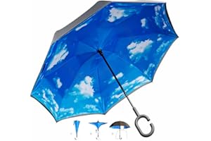 GOODS+GADGETS® Umgedrehter Regenschirm mit blauem Himmel und C-Griff für freie Hände; Invert-Stockschirm Schlauer Regen-Schirm mit 105cm Durchmesser