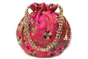 GULAAL ART Indian Handmade Flower Embroidered Olive green Cotton Potli Bag Clutch Purse Pouch Drawstring Bag For Women's Wedding Gift