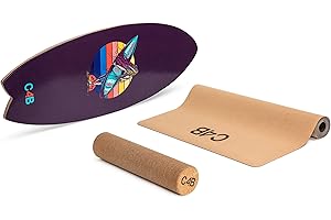 CLUB4BRANDS C4B Wakeboard, Balance Board con Rullo e Tappetino in Sughero, Tavola da Surf 100% Legno, Tavola da Allenamento per Interno, 100% Divertimento Garantito