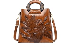 Coolives Borsa a mano con Tracolla da Donna Borse Manico in Legno Goffratura di Classica di Fiori Brose a spalla Marrone