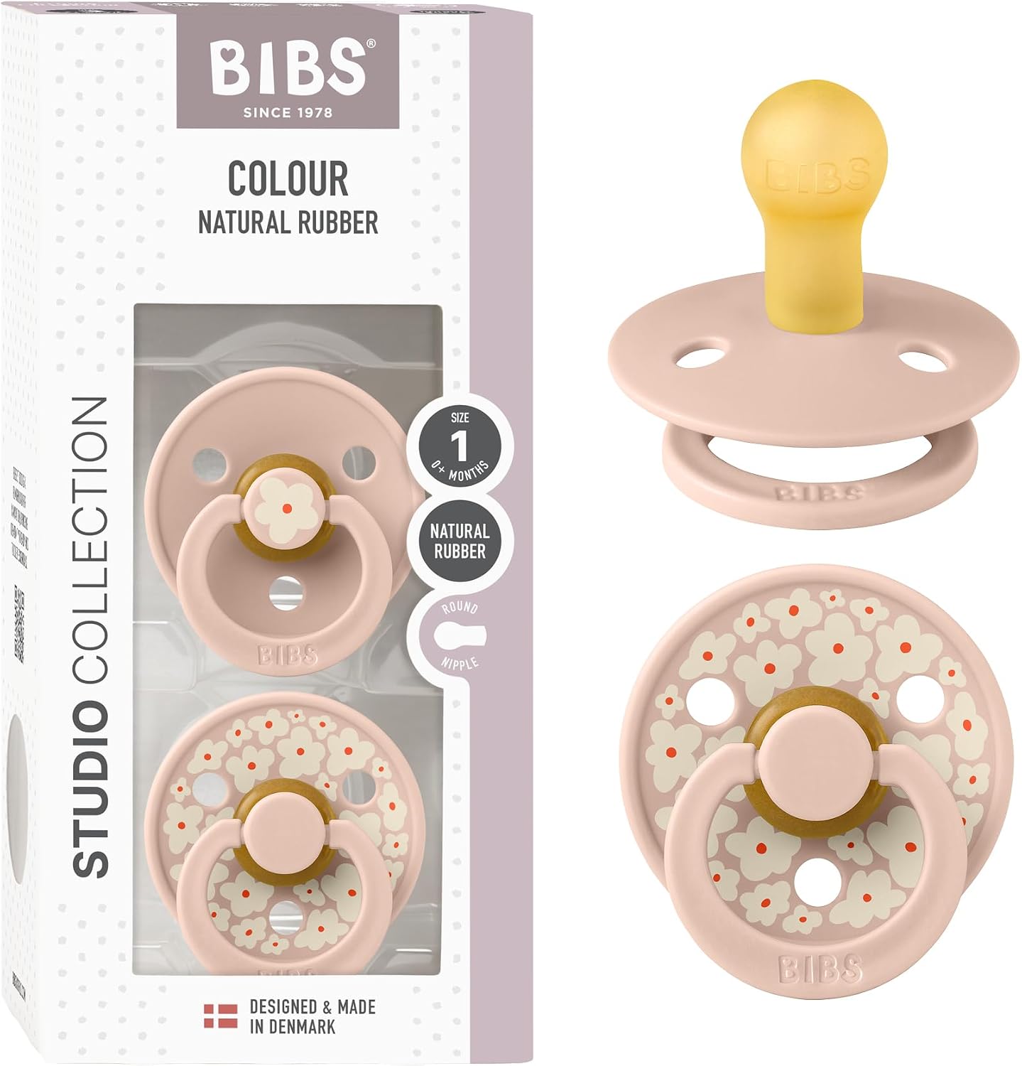 BIBS Colour Studio Soother 2-Pack, BPA Free Dummy Pacifier, Round Nipple. Natural Rubber Latex, Made in Denmark, Size 1 (0-6 Months), Blush Mix