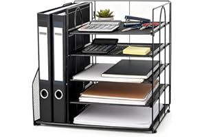 Esyhomi Desk Organiser with File Holder, 5-Tier Paper Tray Organiser, Mesh Desktop Storage with Magazine Holder for Books, Documents, A4 Files, Letter Magazine Tray for Home Office Supplies