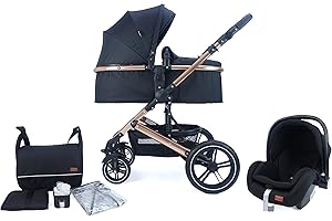 Pixini Neyla Kombi Kinderwagen mit Stoffwanne/Buggy/Wickeltasche/Getränkehalter/Regenplane/Mückennetz/Wickelauflage (3in1 Set mit Babyschale gold/schwarz)