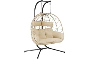 HinHocker Fauteil hamac pour 2 Personnes avec châssis | Crème | Balançoire Suspendue XXL pour l’intérieur,l’Exterieur, terrasse | Fauteuil 2 Places en Osier, Fauteuil Suspendu en Oeuf