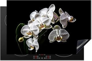 KitchenYeah© Protège Plaque Induction 80x52 cm Décoration Cuisine Protection Pour Plan De Travail Cuisson Protégé Orchidée - Fleurs - Blanc - Nature - Noir