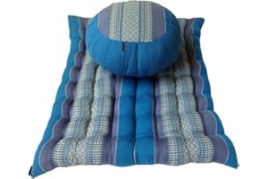 Collumino Zafu and Zambutan Meditation Cushion Set with Cotton Cover and Organic Kapok Filling (Blue, Design A)