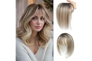 GULALUUK Hair Toppers for Women Real Human Hair with Bangs 10 Inch Upgrade Swiss Lace Base Toppers Hairpieces with Thinning for Daily Wear (Ombre Light Brown with Blond Highlight）