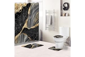 Goodbath Marble Shower Curtain Set, Luxury Abstract Black Marble Agate Mosaic Golden Veins Bathroom Sets with Shower Curtain and rugs, Toilet Lid Rug, Contour Mat and Bath Mat, 12 Hooks