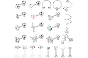 JeweBella 16G Pendientes Cartílago para Mujer Helix Piercing Oreja Acero Quirurgico Hipoalergénicos Estrella Corazón Zirconia Pendientes Oreja Piercing Plata Helix Tragus Conch Piercing Joyería