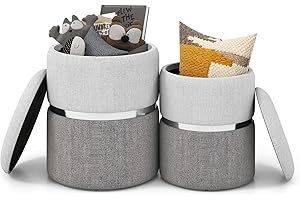 COSTWAY Set di 2 Pouf Contenitore in Velluto, Pouf Rotondi Imbottiti da 32L +21L, Sgabelli con Contenitore per Soggiorno, Camera da Letto, Portata 150 kg (Grigio)