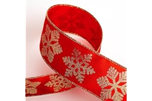 Italian Options Gold Glitter Snowflakes Red Satin Ribbon, Wide Wired Christmas Ribbon for Crafts, Gift Wrapping Accessories, Wreaths, Tree Decorations, Bows, Green, Red, 63 mm x 10 Metre