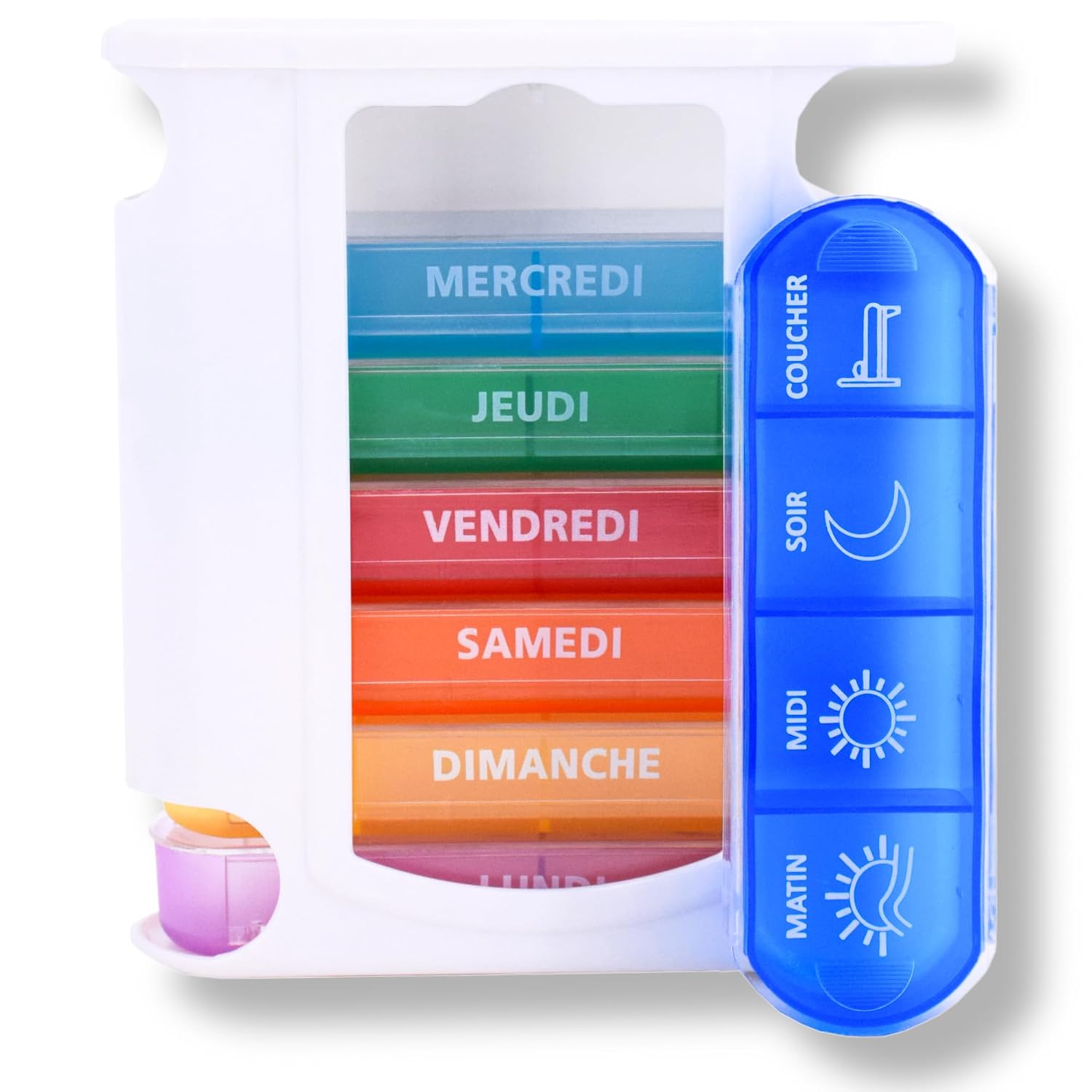 MEDIPILL - Tower Dose Pillendoos voor weekoverzicht Frans | Wekelijkse organisatie van medicijnen | 7 dagen | 4 momenten per dag | 28 vakken | BPA-vrij | MED-S28T-A-F