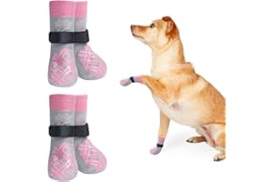BEAUTYZOO 2 Pairs Anti Slip Dog Socks to Prevent Licking Paws, Dog Shoes for Hot Pavement Small Medium Large Senior Dogs, Pet Boots & Paw Protectors for Hardwood Floors Traction Control,Grey Pink SM