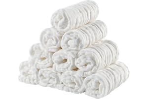 EXTSUD Lot de 10 Débarbouillettes de Bain pour Bébé Lingettes bébé en Mousseline de Coton 25 * 25cm Serviettes de Toilette Extra Douces, Absorbant, Lavable et Réutilisable pour Nouveau-né（Blanc）