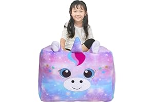 Basumee Unicorn Stuffed Animal Storage Bean Bag Chair Cover 61x61 cm Large Super Soft Warm Fleece Unicorn Beanbag Cover, Blue Purple