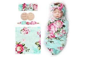 AQOKKA Newborn Receiving Blanket with Bow Hat Headband Wooden Card Set Newborns Toddler Baby Boy Girl Nursery Swaddle Wrap