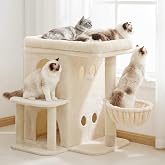 Heybly HCT204SM Cat Tree, 65 cm High, Beige | with an Extra Large Top Platform, Two Tier Cat Basket, Sisal Scratcher, Basket
