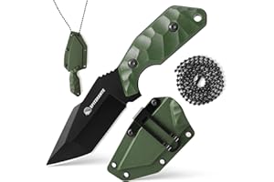 SPITZKANTE Cuchillo para cuello X-TAN-K, hoja tanto de 7,8 cm en acero 5Cr14MoV, cuchillo EDC fijo al aire libre, con fuerza ABS, cadena a esferas.