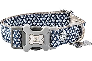 HUGO & HUDSON Tkanina nylonowa obroża dla psa z klamrą zabezpieczającą z szybkim odpinaniem - miękka i wygodna wyściełana obroża dla zwierząt domowych - granatowa gwiazda - XS