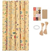 Xspring Hediye paketleme kağıdı, 6 adet 70cmx50cm geri d&ouml;n&uuml;şt&uuml;r&uuml;lm&uuml;ş hediye paketleme kağıdı, doğum g&uuml;n&uuml; hediye paketi seti, 