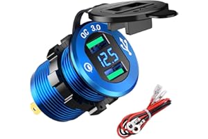 HOEMBPN YGL Presa USB per Auto e Moto 12V/24V,2 Porte Caricabatterie USB QC3.0, Presa USB Impermeabile con Voltmetro LED Display Digitale per Moto, Auto, Camper, Camion, Barche e Molto Altro Ancora(Blu)
