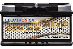 Electronicx batería AGM de Suministro 120Ah 12V – Edición Solar Deep Cycle – batería Solar 12V C100 con tecnología AGM – 353x175x190mm – sin Mantenimiento – para Autocaravana, fotovoltaico 120 Ah