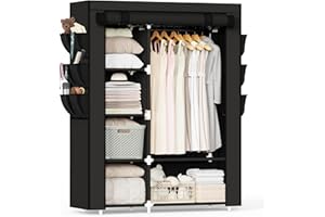 Mavivegue Fabric Wardrobe, 45 x 107 x 161 cm Portable Wardrobe, Foldable Closets with 6 Side Pockets, Black Closet for Bedroom,Living Room & Dorm