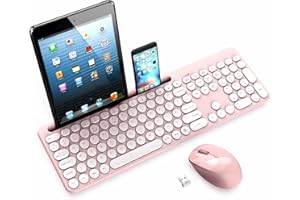 LeadsaiL Wireless Keyboard and Mouse Set with Phone and Tablet Holder, Wireless USB Mouse and Computer Keyboard Combo, Full-sized QWERTY UK Keyboard for HP/Lenovo Laptop and Mac-Pink