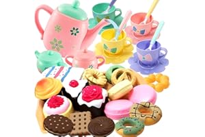 Sobebear Tea Set for Toddlers - 37PCS Plastic Tea Party Set with Mini Cakes, Food Tea Set Accessories, Washable Pretend Play Kitchen Toys for Girls & Boys Ages 3+ Years