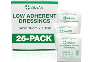 Value Aid Low Adherent Dressing Pads - 10cm x 10cm Hypoallergenic Sterile Wound Care, Non-Stick Surface for Gentle Removal - Individually Wrapped Medical Dressings for Cuts & Grazes (25 Pack)
