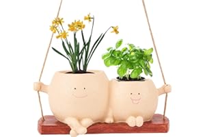 E-YIHESZ Smily Face Hanging Planter Pot Cute Resin Flower Head Planter for Indoor Outdoor Unique Sit Chair Succulent Pots Gift IdeaI for Mother,Father and Appreciation Christmas with Drainage Hole（MNQQ)