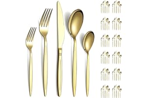 Evanda złoty zestaw sztućców, 60-częściowy serwis dla 12, pozłacany tytanem, zestaw sztućców ze stali nierdzewnej, noże, widelce, łyżki, zestaw sztućców na ślub, imprezę, urodziny, do restauracji,
