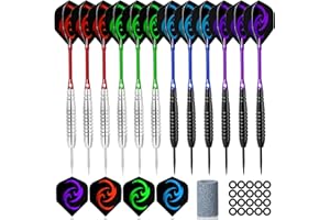 Hmeuest Darts, 12 Pack Prefessional Darts Set, 23 Grams Steel Tip Dart, 4 Color Premium Aluminum Shafts and PET Flights, 12pcs Rubber O-ring, for Beginner or Professional