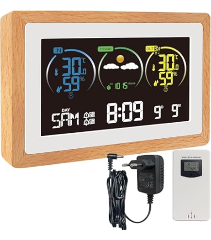 TFA Dostmann Funk-Wetterstation mit Außensensor OAK, 35.1167.54, Wettervorhersage, mit Holz-Rahmen, Innen- und Außentemperatur, Lüftungsempfehlung, dimmbar, inkl Wecker, digital, braun