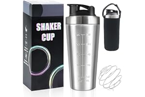 HA BIN Shaker de Proteínas 750ml en Acero Inoxidable | Botella Mezcladora con Bola de Acero y Funda | Shaker para Gimnasio Antifugas | para Batidos Proteicos, Suplementos y Bebidas