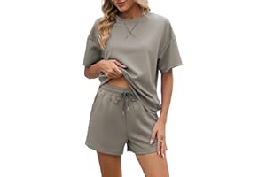 Famulily Womens Tracksuit 2 Piece Outfits Summer Solid Tops and Shorts Loose Lounge Full Set Split Hem Co ord with Drawstring