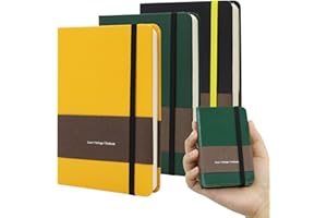 TUNJILOOL A7 Notebook, 3Pack Journal Leather Hardcover 192 Pages Thick Paper with 80GSM Blanks/Dotted/Grid, with Elastic Band & Inner Pocket for Writing and Sketching (A6, Black+Yellow+Dark Green)