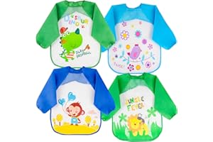 Vicloon Baby Bibs with Long Sleeves, Pack of 4 Waterproof Baby Bibs, Sleeve Bibs, Washable, Unisex for Painting, Play, Food, Art, Craft, Painting, 4 Patterns, Suitable for 6-36 Months Children