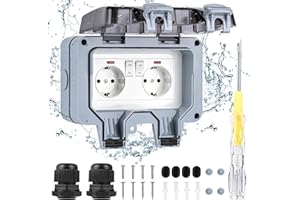 Euakee Presa Elettrica Esterno, IP66 Presa Stagna da Esterno con Coperchio Prevenire la Polvere, 2 Prese Elettriche Esterno per Cucina, Bagno, Garage, Piscina e Giardino