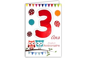 AFIE 69-2103 Carte Joyeux Anniversaire 3 ans Enfant Garçon Fille - Chouettes Hiboux Oiseaux Ballons Fanions