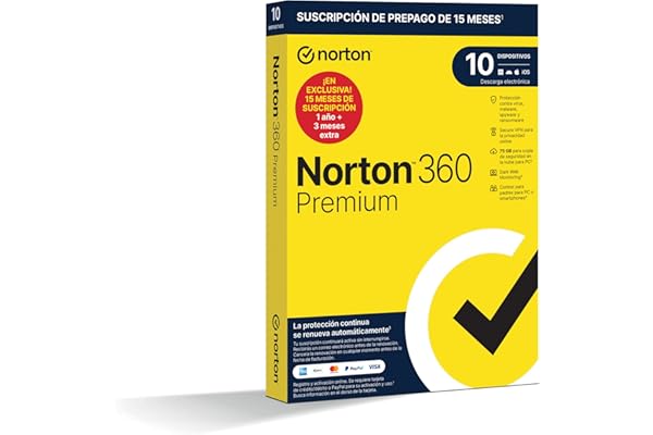 Norton 360 Premium 2026 - Antivirus Software para 10 Dispositivos 15 Meses de Suscripción - Secure VPN y Gestor de Contraseñas - PC, Mac Tablet y Smartphone