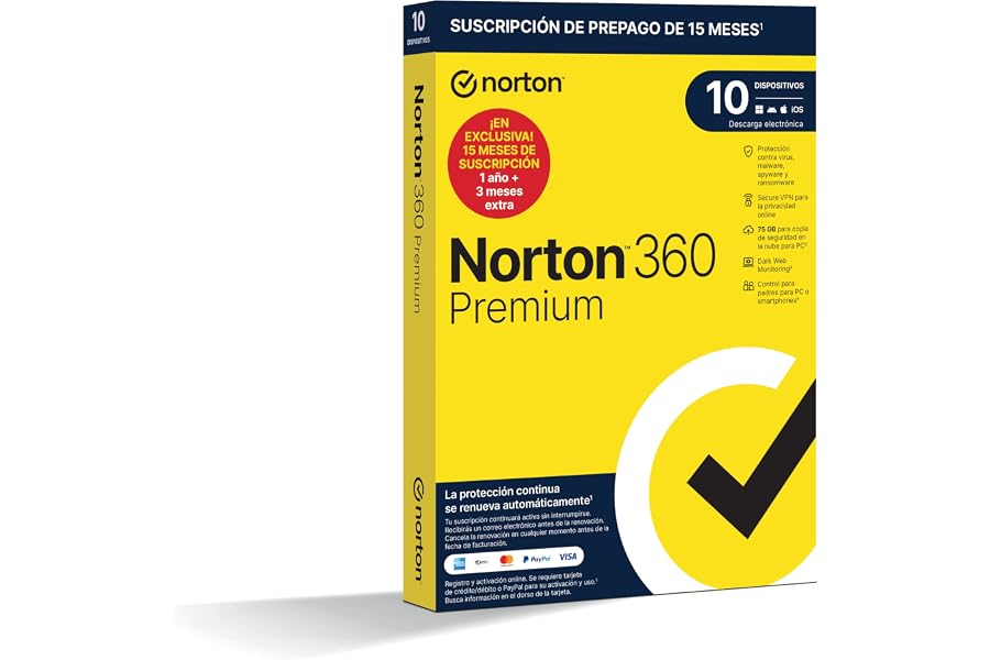 Norton 360 Premium 2026 - Antivirus Software para 10 Dispositivos 15 Meses de Suscripción - Secure VPN y Gestor de Contraseña