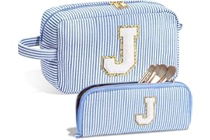 Yintry Makeup Bag Set Organizer Cotton Letter Cosmetic Pouch Large Capacity Travel Toiletry Bag Women Girls Birthday Gifts Portable Brush Storage Bag with Divider and Handle