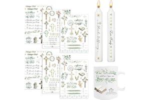 YOMOVER Kerzentattoos für Kommunion Taufe, 6 Stück Wassertransferdruck Kerzen Tattoo, Wasserschiebefolie Kerzenaufkleber, Grünes Blattkreuz Taufe Konfirmation Kerzenfoile für DIY Kerzen Dekorieren